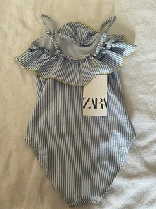 Zara Girls Blue White Stripe Ruffle Seersucker Swimsuit Sz 5-6 Yrs 115cm NWT - Picture 1 of 4