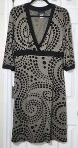 Athleta Taupe Empire Waist Faux Wrap Surplice Polka Dot  3/4 Sleeve Dress Sz L - Picture 1 of 4