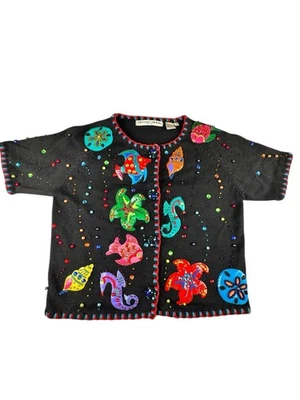 Vintage Michael Simon Embroidered Sealife Seahorse Starfish Cardigan Sweater M Foto 1 de 4
