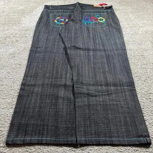 NWT Baggy Wide Leg Y2K 2000’s Loose Fit Embroidered Skater Black Denim Jeans - Picture 1 of 7