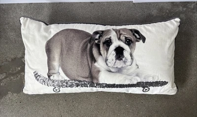 Pottery Barn Teen ~BULLDOG INGLÉS ~ PERROS DE FIESTA ~ ALMOHADA - MONOPATÍN DE LENTEJUELAS Foto 1 de 4