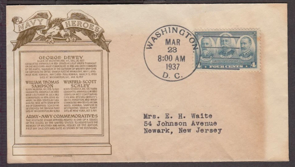 1937 Navy 4c Sc 793-6 FDC FDC with C. S. Anderson cachet in brown - Image 1 of 1