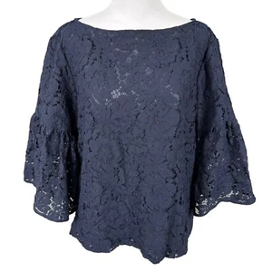 Lauren Ralph Lauren M Navy Blue Floral Lace Overlay 3/4 Bell Sleeves Blouse Top - Bild 1 von 12