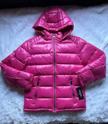 MSRP $225 Guess Magenta Quilted Nylon Hooded Zip Puffer Coat Mens Size Small - Image 1 of 4