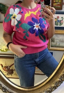 Vintage Jaclyn Smith Sweater Womens Large Pink Floral Short Sleeve Pullover Knit - Picture 1 of 10