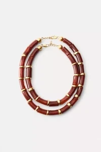 Zara Double Layered Burgundy Resin Gold Beaded Statement Necklace - Picture 1 of 6