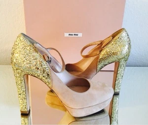 NEW PRADA MIU MIU GOLD GLITTER PINK BARBIE SUEDE PLATFORM HEELS SHOES SZ 37 - Picture 1 of 6