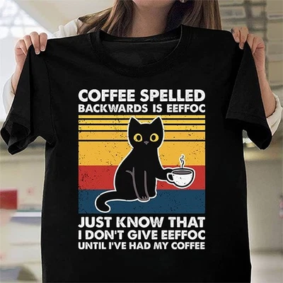 Camiseta CAFÉ DELETREADA HACIA ATRÁS ES EEFFOC Divertida Gato Idea de Regalo Papá Regalo Foto 1 de 4
