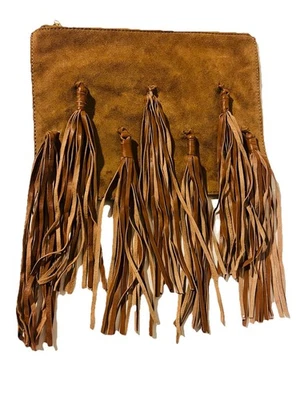 Shiraleah Genuine Leather Suede Brown Tan Medium Clutch with Leather Long Fringe - Image 1 of 4