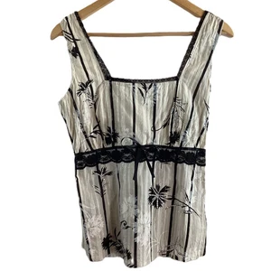 Vintage Next Cream & Black Floral Striped Square Neck Cami Top UK 12 - Picture 1 of 7