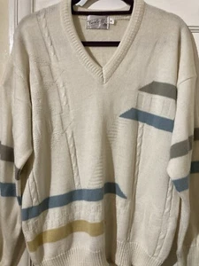 Carlo II Jumper Vintage 80s 90s Cream Stripe Size Medium 48" Chest Grandad Style - Picture 1 of 6