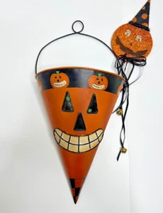 Halloween Retro Tin Pumpkin Hanging Orange Cone Container Wall Hanging - Picture 1 of 20