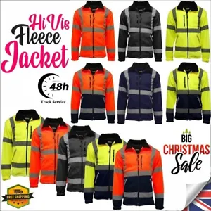 Mens High Visibility Hi Vis Premium Safety Lined Work Fleece Thermal Zip Jacket - Picture 1 of 18
