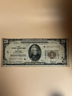 1929 Series $20 Federal Reserve Boston Bank Note - A00307743A - Image 1 of 3