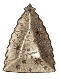 VTG Pewter Metal Christmas Tree Candy Dish Silver Trinket Peace Joy Love Hope - Picture 1 of 2