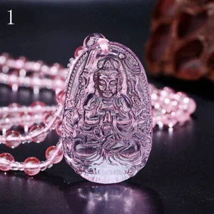 Buddha Necklace Pendant Lucky Stone Gemstone Chain Hand-carved Jewelry Pink New - Picture 1 of 19