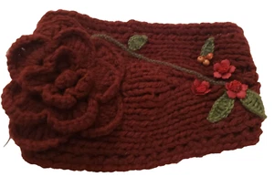 Winter Knitted Ear Warmer Headband Crochet Wool Hairband Hat Burgundy Floral - Picture 1 of 4
