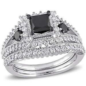 1.30Ct Black Princess & White Round Stones Wedding Ring Set 925 Sterling Silver