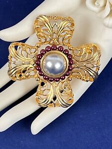 Napier Maltese Cross Brooch Gold Tone Grey Pearl Center w/Burgundy Beads Ornate