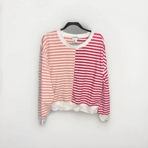 EVEREVE Pullover Sweater Size Large Pink Red White Contrast Striped Round Neck - Picture 1 of 7