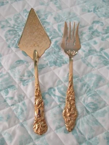 Wm Adams Italy Cake Server & Raimond Meat Veg Serving Fork w/Gold Wash / Floral - Picture 1 of 9