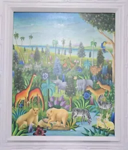 Signed Yves Jean Pierre Haitian Jungle Oil Painting Original Naif Art Haiti - Picture 1 of 8