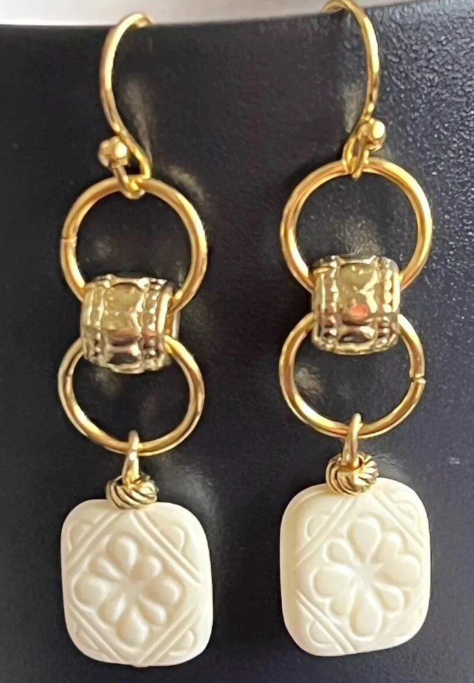 Vintage Etched Creamy White and Gold Bead Earrings. - Image 1 of 1