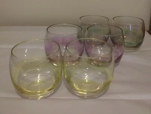 Set of 6 Iridescent Whiskey Scotch Cocktail Glasses Pink Green Yellow 10 oz - Picture 1 of 7