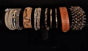 8 Fashion Gold Tone Brown Leather Lucky Beaded Modern Layered Bracelets Lot - Picture 1 of 5