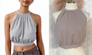 Aritzia Wilfred Cadence Crop Gray Purple Halter Neck Tie Back Top Size M FX9 - Picture 1 of 16