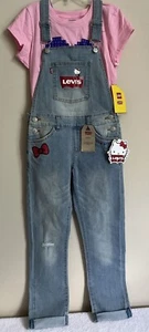 NWT Girls10 Regular Levis "Hello Kitty" Distressed Light Denim Jean Overalls - Picture 1 of 12