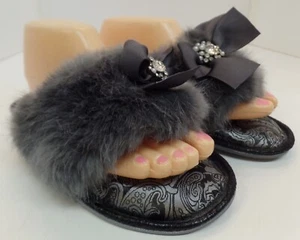 Pretty You London Gray Faux Fur, Bling & Ribbon Slip on House Slippers New S 8-9 - Picture 1 of 12