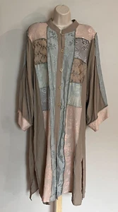 Vtg Women’s L Patchwork Jacquard Duster Shirt Dress Made in USA Boho Chinoiserie - Picture 1 of 9