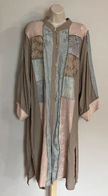 Antigo Vestido Camisa Espanador Jacquard Patchwork Feminino L Feito nos EUA Boho Chinoiserie - Imagem 1 de 4