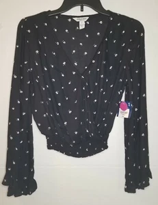 Arizona Jean Co Women XS Black Floral Blouse with Long Flutter Sleeve - Picture 1 of 4