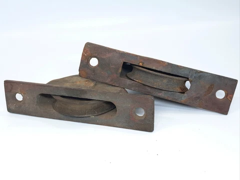 TWO UNMATCHED ANTIQUE CAST IRON WINDOW SASH WEIGHT PULLEYS SALVAGED RECLAIMED Cover