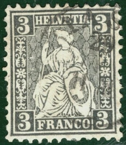 SWITZERLAND Helvetia Stamp Scott.42 3c Black (1862-64) Used Cat $130 3RGREEN139 - Picture 1 of 6