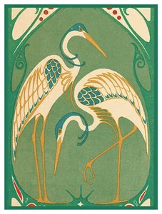 Art Nouveau Two Crane Birds Design detail Counted Cross Stitch Chart Pattern - Picture 1 of 10