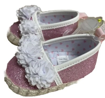 Розовый блестящий белый цветок туфли Пасхи первые шаги Baby Girl Sz 2 3-6 месяцев - Изображение 1 из 4
