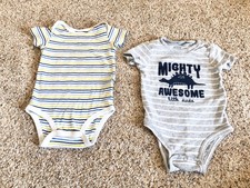 2 Short Sleeve Bodysuits 12 Months Baby Infant Boy Dinosaur Blue & Green Stripe