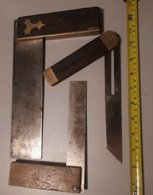Antique Lot Brass & Ebony Carpenter's Tools - Two Squares & One Bevel  - Image 1 of 4