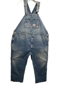 Round House Men Bib Overalls 48 X 27 Blue Faded Grunge Missing Hook Distressed - Picture 1 of 11