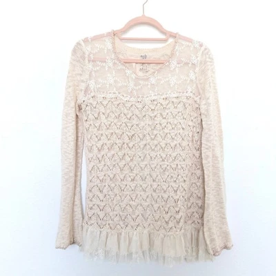 Y2K BKE женщин свитер размер M бежевый крючком трикотажа кружева длинным рукавом богемное коттедж - Изображение 1 из 4