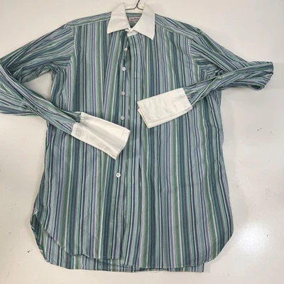Turnbull & Asser Shirt Mens 16 Green Blue Stripe White Collar French Cuff - Image 1 of 4