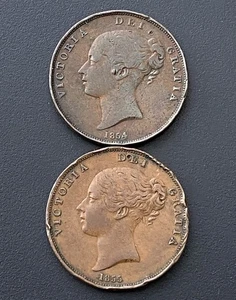 1854 & 1855 YH Victoria Penny Pair Copper Victorian Coin Lot E31 - Picture 1 of 6