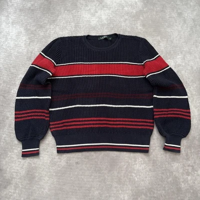 Lauren Ralph Lauren毛衣女式中号海军蓝红色条纹棉质针织套衫 — 第 1/4 张图片