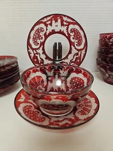 Antique Bohemian Ruby Glass 10 Bowls & Under Plates Cut to Clear Stag 20pcs - Picture 1 of 14