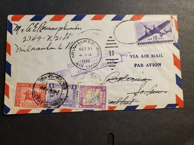 PANAM TEST FLIGHT 1946 CORREO AÉREO Historia Postal Cubierta MILWAUKEE a BOLIVIA Foto 1 de 2