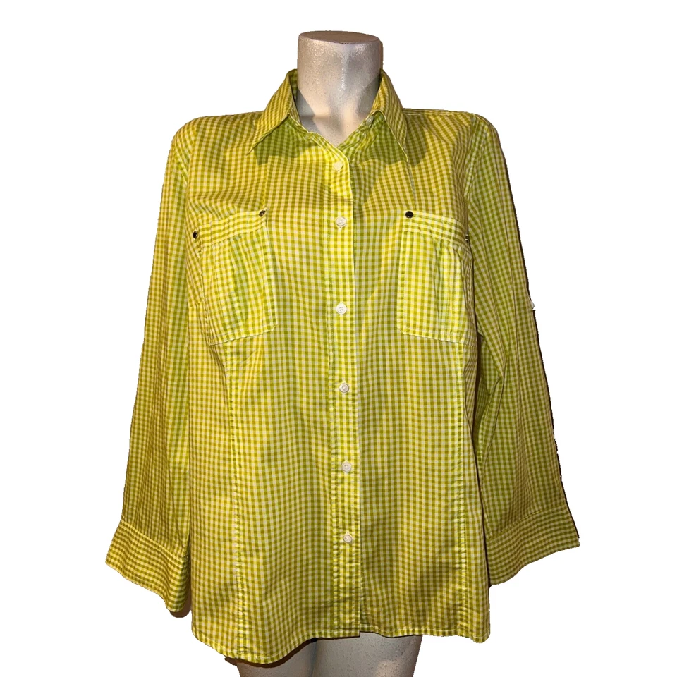 Blusa Camisa Michael Kors Top Talla Grande 2X Verde Lima Cuello Botón Pestaña Enrollable LS Foto 1 de 4