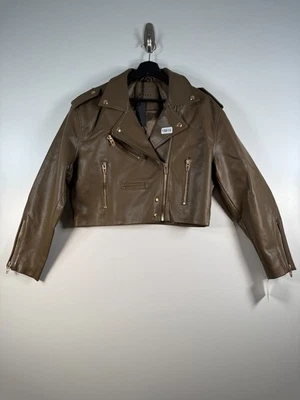 Chaqueta de moto recortada de cuero sintético verde charretera talla mediana nueva con etiquetas en blanco NYC para mujer Foto 1 de 4